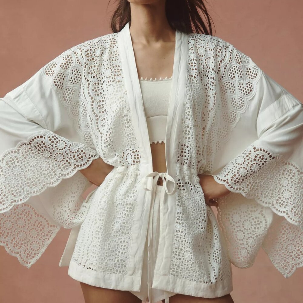 Anthropologie White~Cream Eyelet Lace Kimono Robe Cover-Up ONE SIZE NWT $148